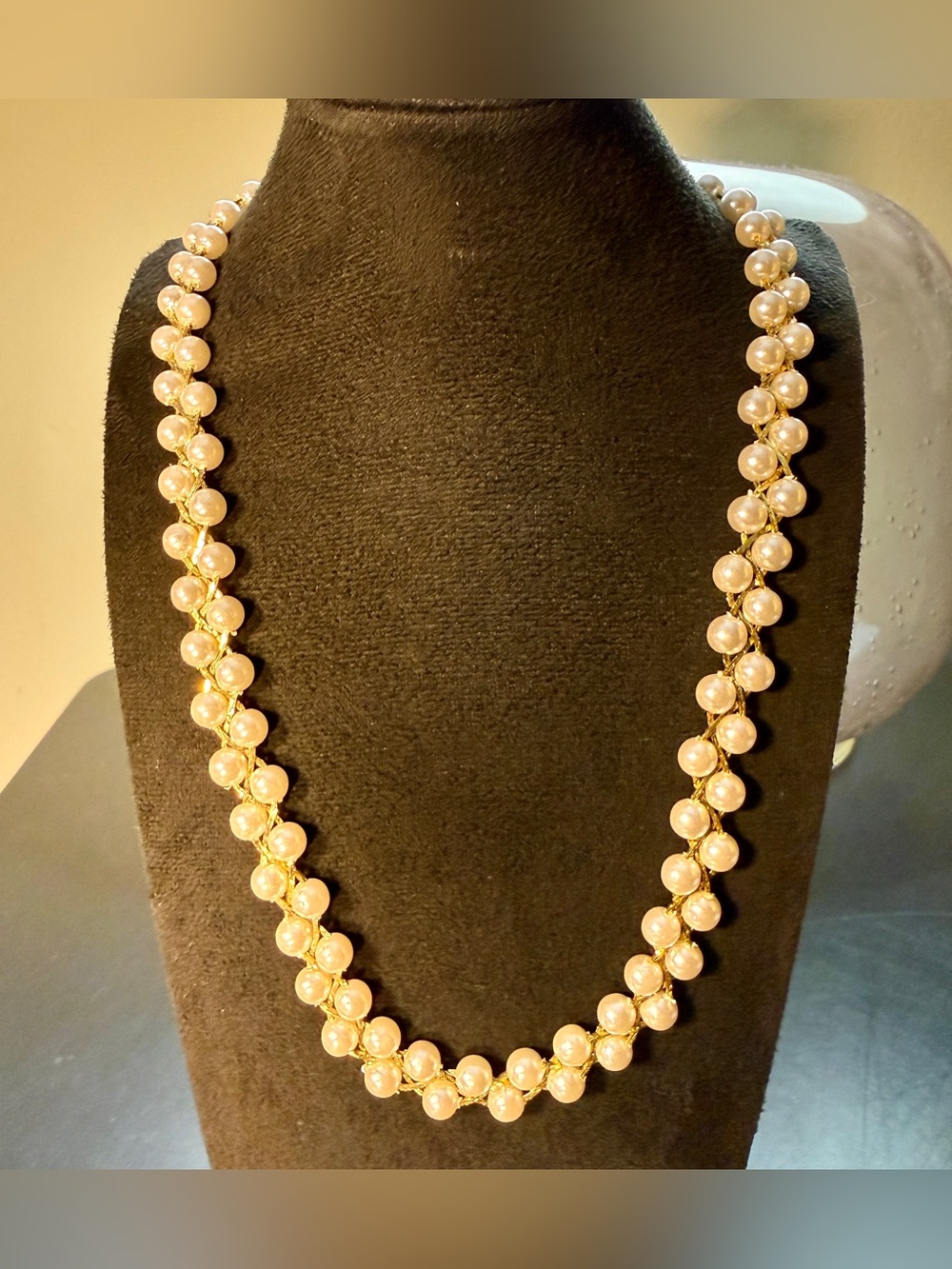 Vintage 1970s/1980s Gold Tone Double Faux Pearl Woven Necklace